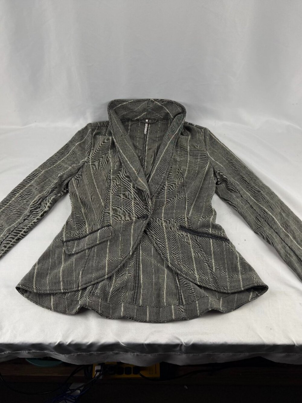 Free People Striped Blazer Jacket Gray White Tailored Cotton Size Small